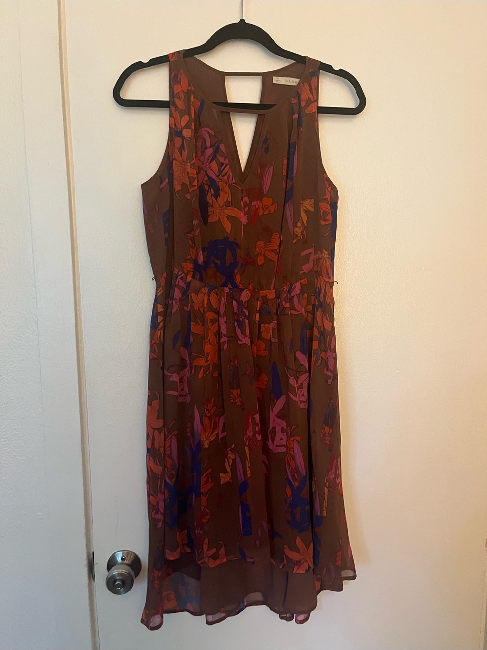 hinge Brown Floral High-Low V-Neck Dress with Pink and Blue Accents